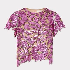 MILLY Katelynn Floral Garden Sequins Tee, Pink Multi / Size M